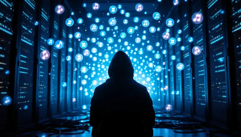 A lone figure surrounded by glowing holographic bot avatars streaming music in a dark server room