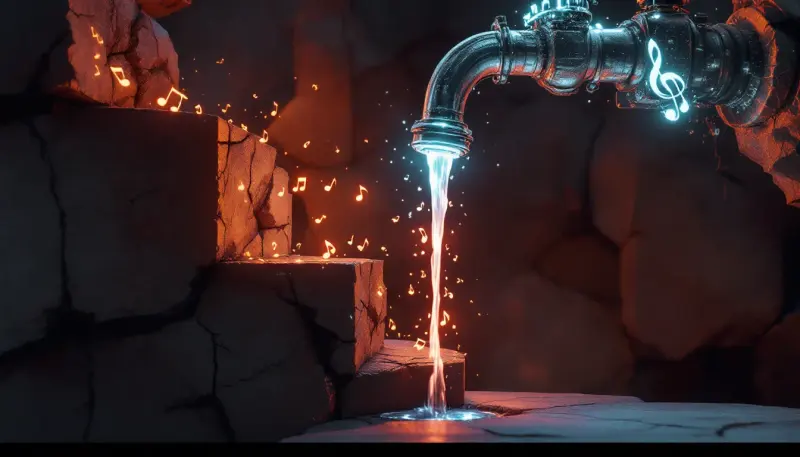 A courthouse column beside a music-note faucet throttled to a slow drip