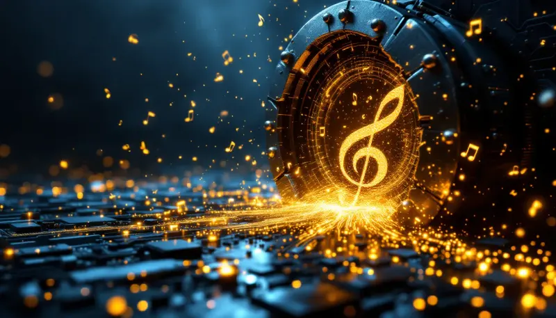 A cracked digital vault spilling streams of musical notes into a swirling data vortex