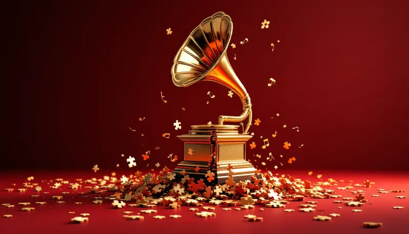 A cracked Grammy trophy dissolving into floating musical fragments on a red background