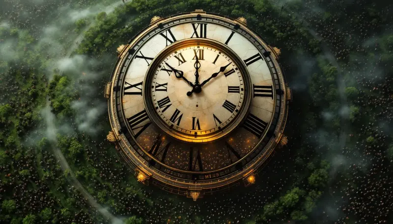 Aerial view of festival grounds emptying beneath a giant clock frozen at 42 minutes