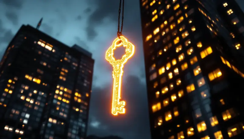A glowing golden key transfers between two towering skyscrapers at dusk