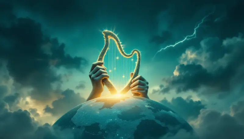 Two opposing hands tug a glowing musical instrument across a stylized Atlantic Ocean