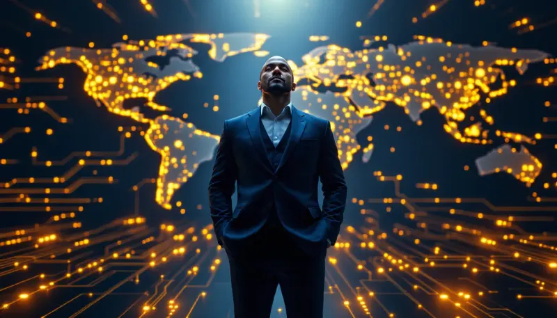 A executive figure commands a luminous circuit-board map spanning the entire Americas region