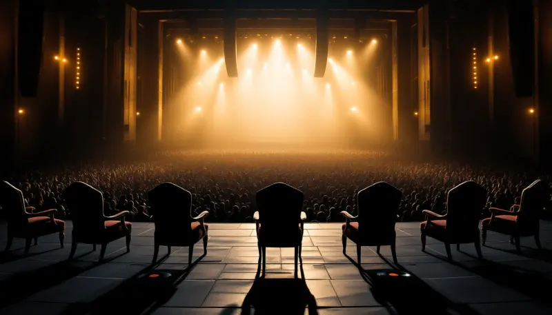 Seven empty velvet chairs face a roaring crowd on a grand concert stage.