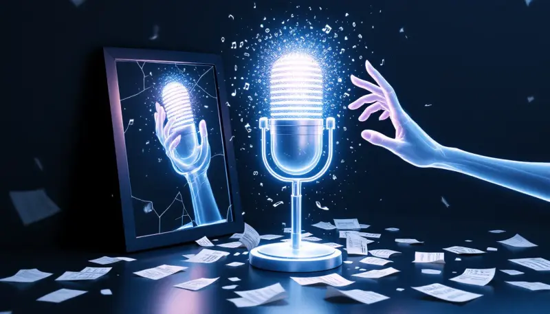 A ghostly hand reaches through a cracked mirror to grasp a dissolving holographic microphone