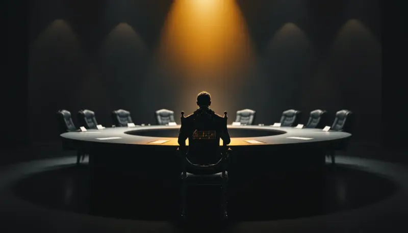 A single ornate music-themed chair claims its place among powerful boardroom seats