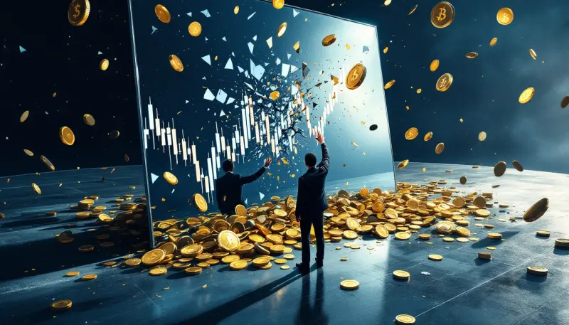 A suited figure reaches into a mirror to reclaim a fragmented stock graph made of gold shards