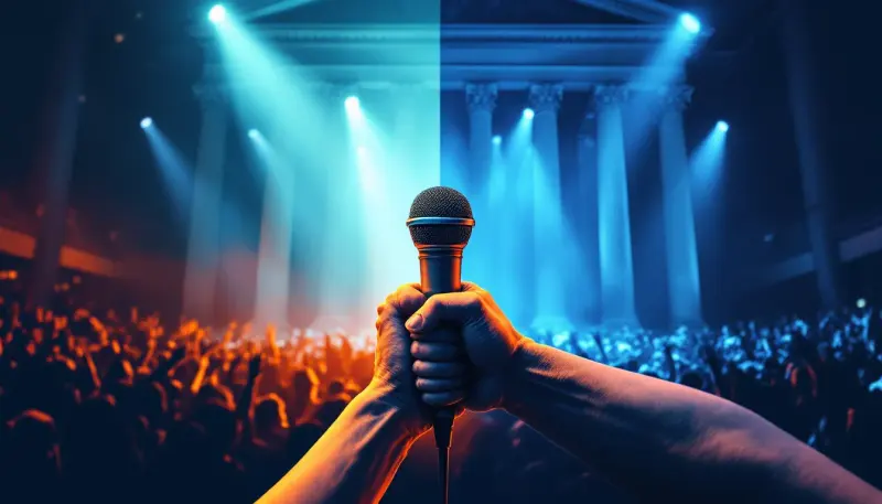 A microphone morphing into a gavel split between concert crowd and courthouse backdrop