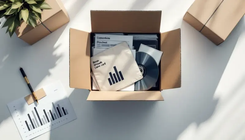 Overhead view of a shipping box packed with CDs bundled with merchandise and growth charts nearby