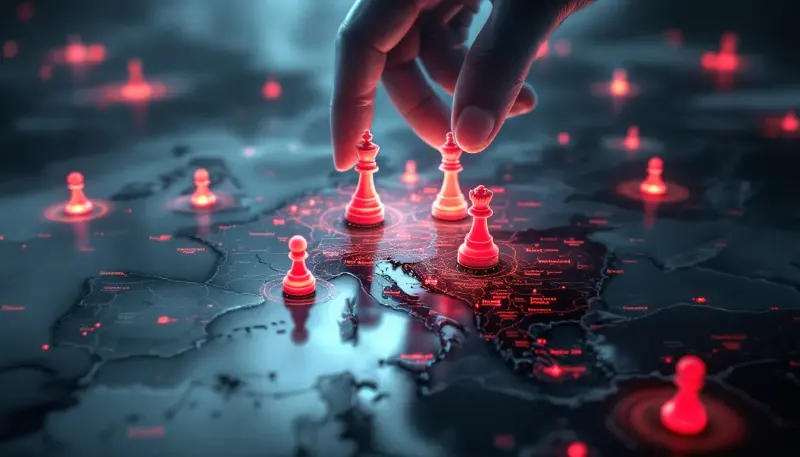 A giant hand places venue-shaped chess pieces across a Central European map