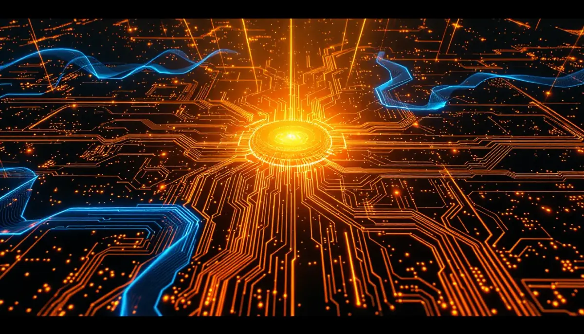 AI music generation interface with sound waves, musical notes, and infrastructure network connections in background.