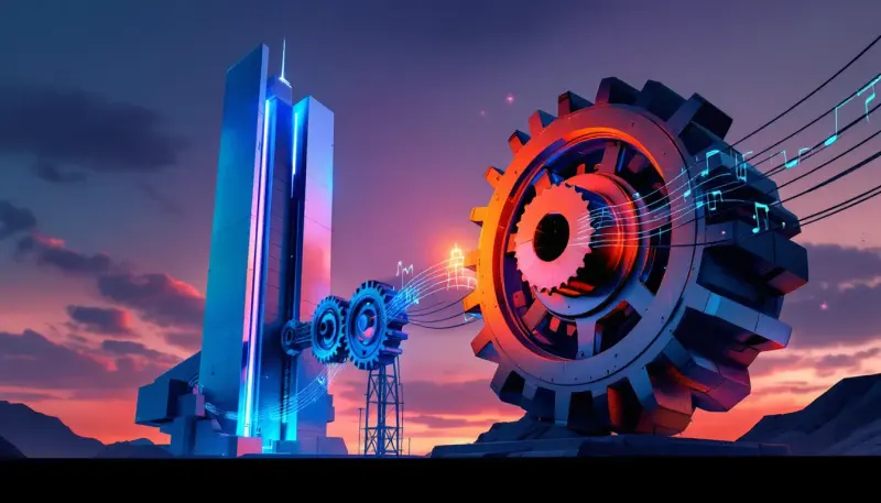 Two abstract corporate towers interlocking through glowing cables and gears at twilight