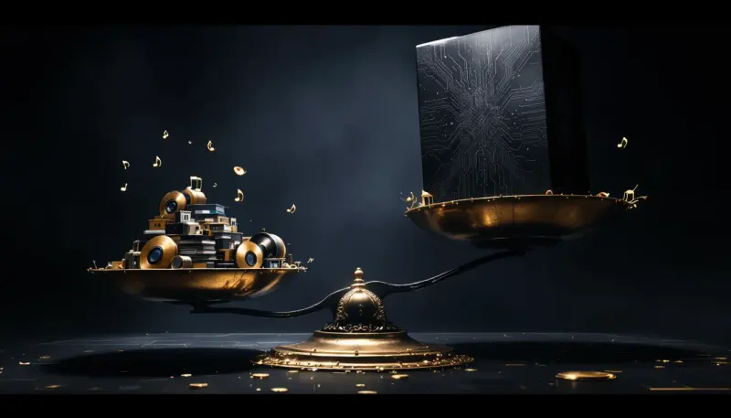 A brass scale tips as a monolith outweighs countless small music symbols and indie storefronts