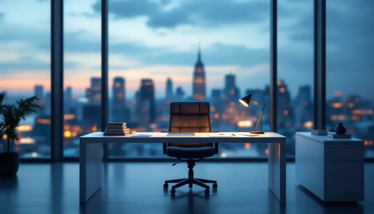 Financial executive leaving an empty office chair at a corporate desk, symbolizing a leadership vacancy.