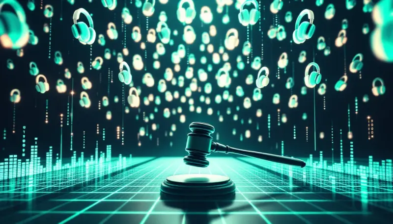 Ghostly headphones dissolve into code beneath a towering judge's gavel in a digital void