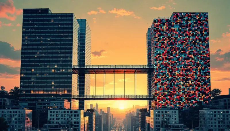 A musical bridge connects a massive corporate tower to a vibrant mosaic of indie creators
