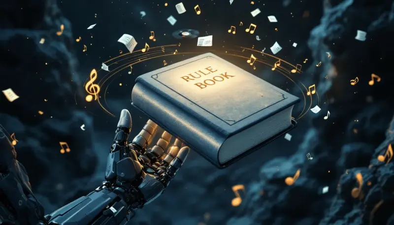 Human and machine hands jointly hold a glowing rulebook orbited by music symbols