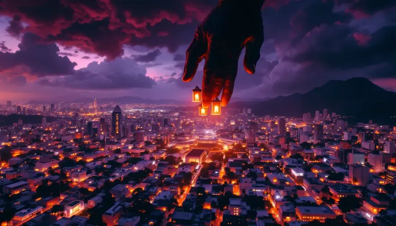 Giant hand lifts glowing concert venues from a sprawling Latin American cityscape at dusk