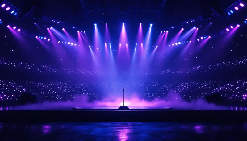 An empty lit stage faces a packed glowing arena with no performer present