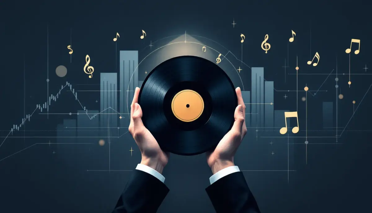 Music files uploading to a digital platform with a private equity financial overlay, symbolizing corporate acquisition.