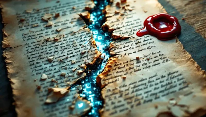 A cracking music contract splitting between traditional rights and dissolving digital viral content