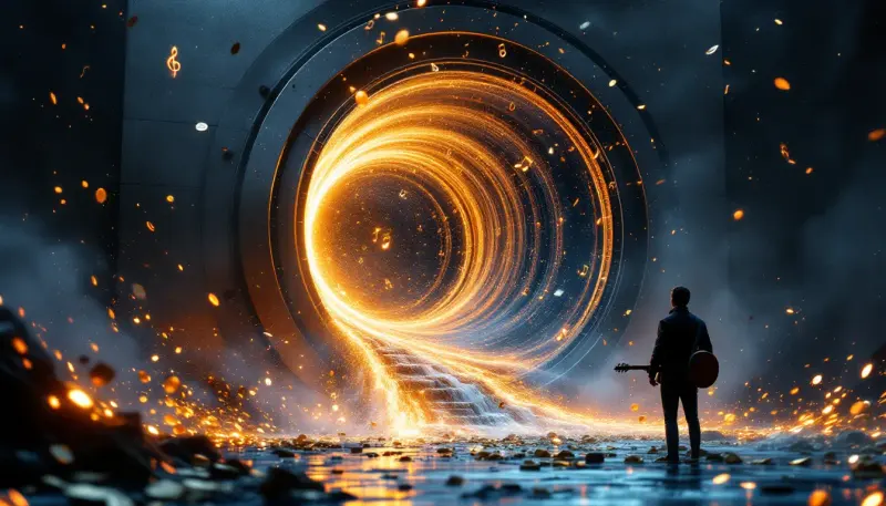 A vault door opens releasing musical waveforms and coins past a lone musician silhouette