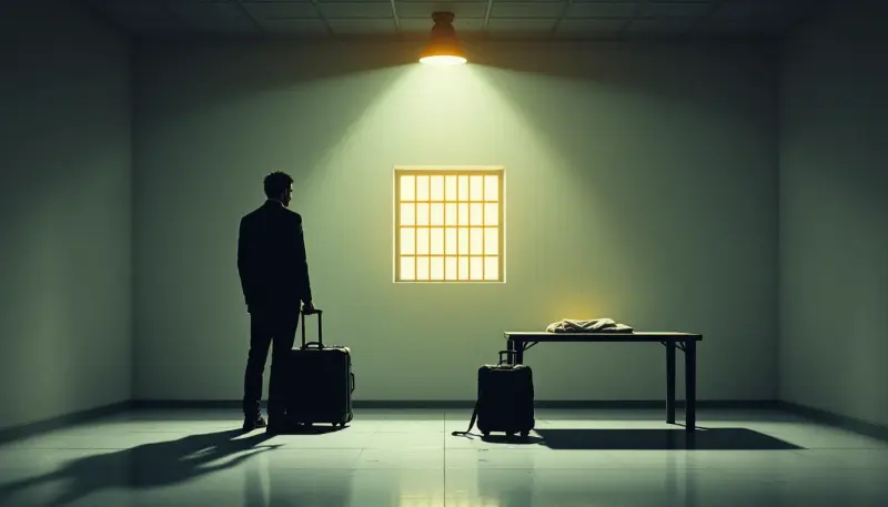 Musician silhouette detained in stark airport room beside confiscated travel documents and glowing fabric