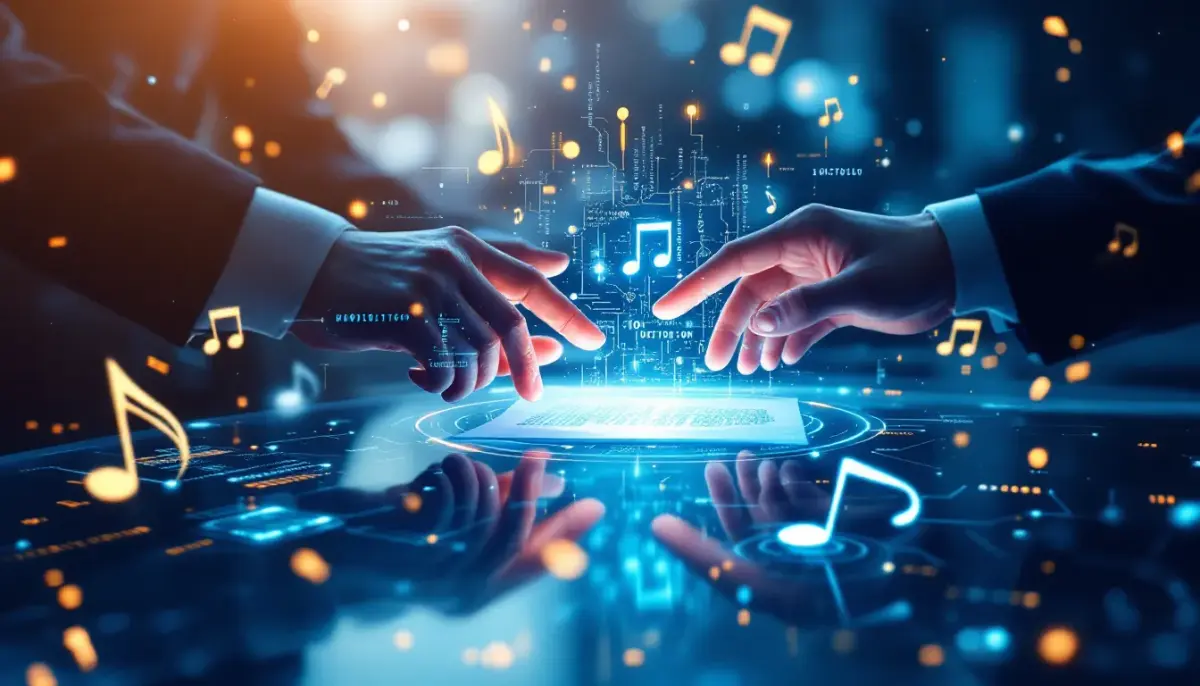 Music executive shaking hands with a robot, symbolizing record label embracing AI licensing deal.