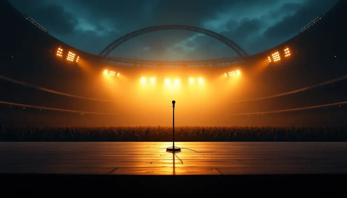 Macklemore performing on stage at a large stadium concert with a crowd and bright lights.