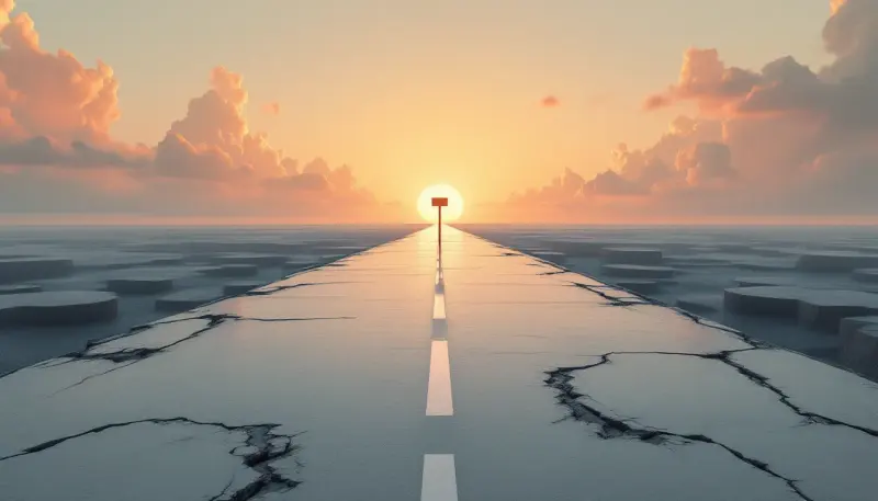 A promising road on a crumbling floating platform above an empty void
