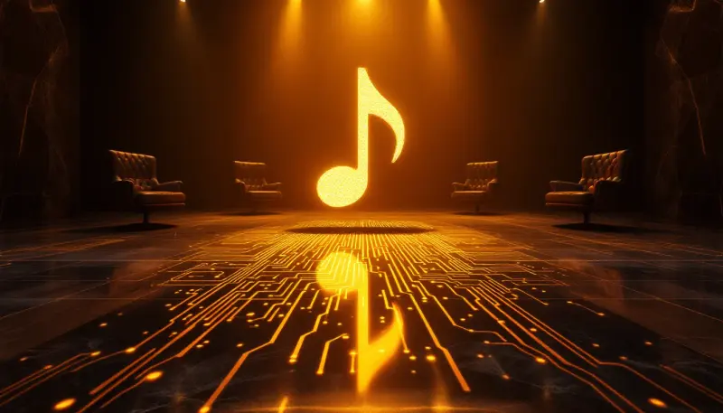 A glowing musical note casting a circuit-board shadow across a grand corporate boardroom floor