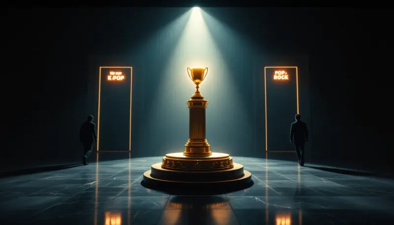 Three performers walk away from a glowing trophy pedestal toward separate exits