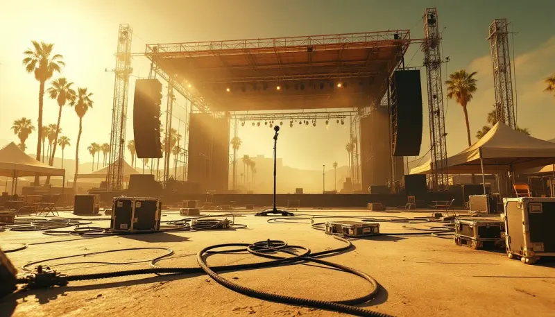 An abandoned festival stage left half-built under a hazy Los Angeles sky
