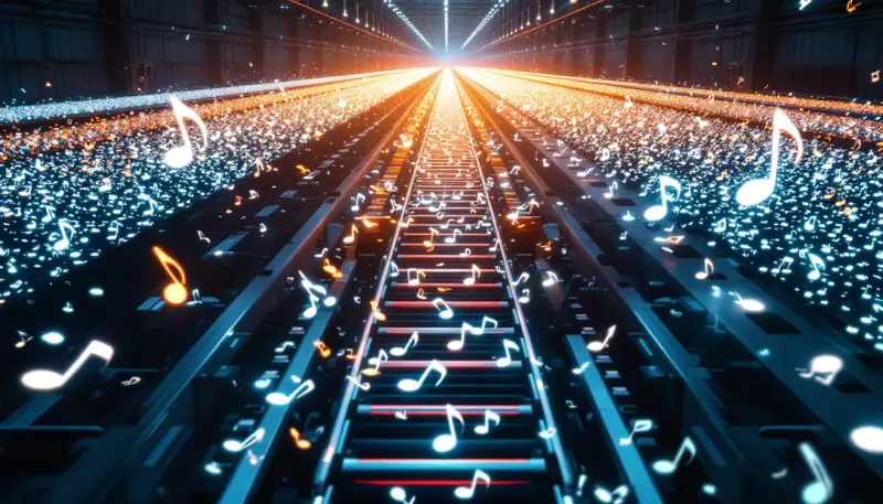 A robotic conveyor belt mass-producing identical music notes into a digital void
