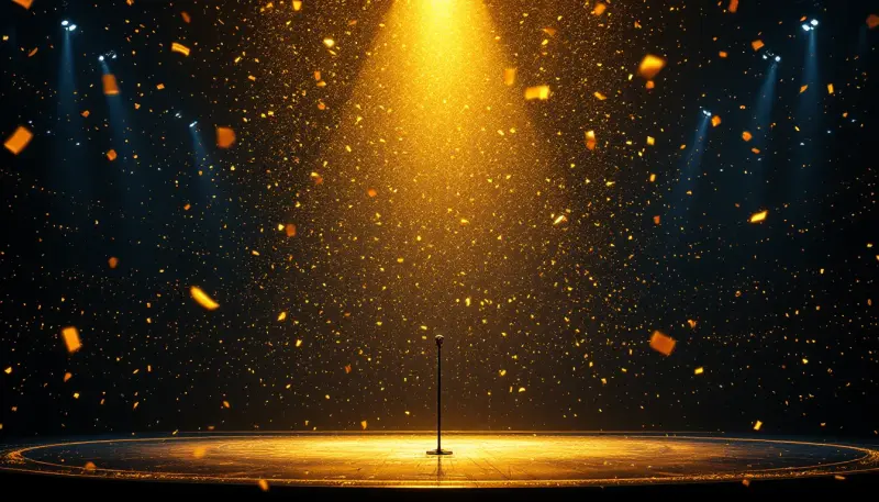 A lone spotlight hits an empty stage while thousands of glowing crowd lights fill the darkness