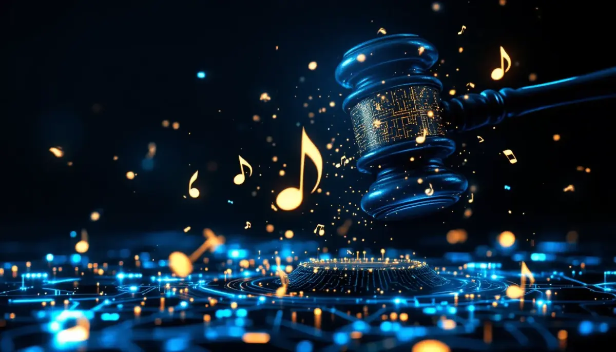 Courtroom gavel resting beside glowing AI music waveforms and copyright symbol on dark background
