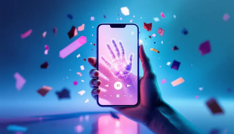 A streaming phone floats as AI and human hands merge with labels drifting away.