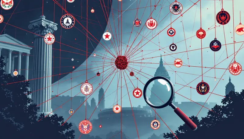 A red string web connecting legal, governmental, and entertainment industry symbols