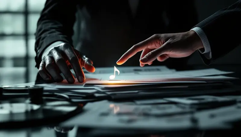 A metallic hand places a glowing music chip as a suited hand hesitates over dissolving contracts.