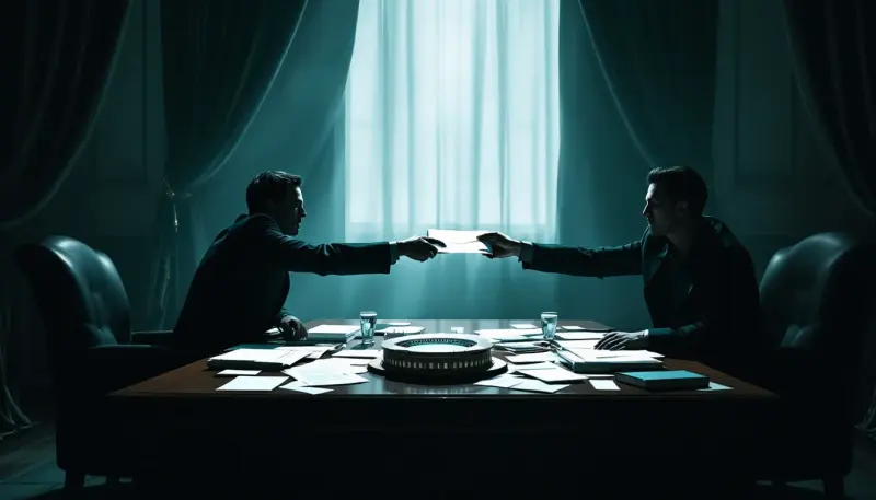 Shadowy figures exchanging documents behind closed doors in a secretive meeting room