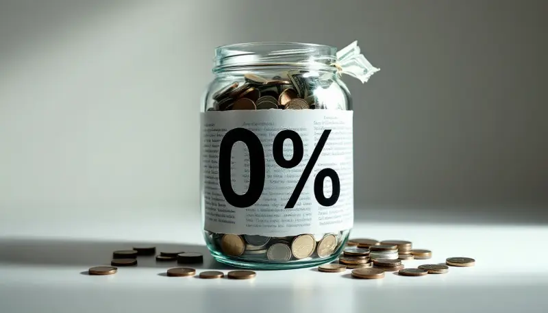 A coin jar labeled zero percent wrapped in fine-print translucent paper