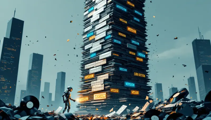 AI robot rebuilds a crumbling record skyscraper as its digital foundation dissolves into code