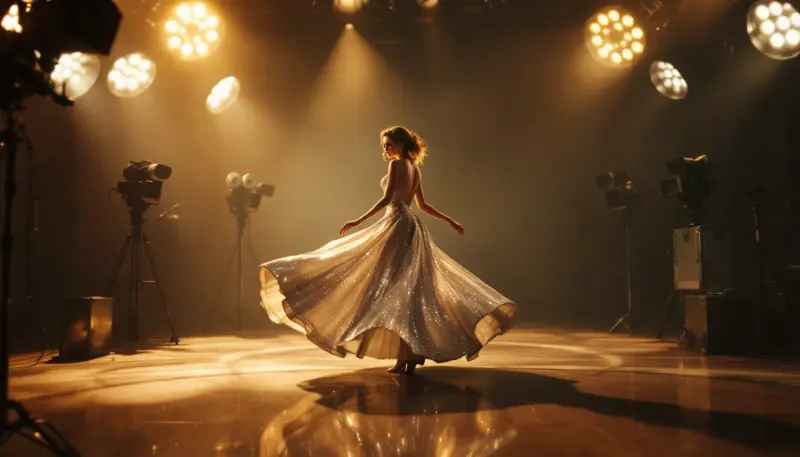 A glittering pop star transforms into a classic Hollywood dancer on a grand film set