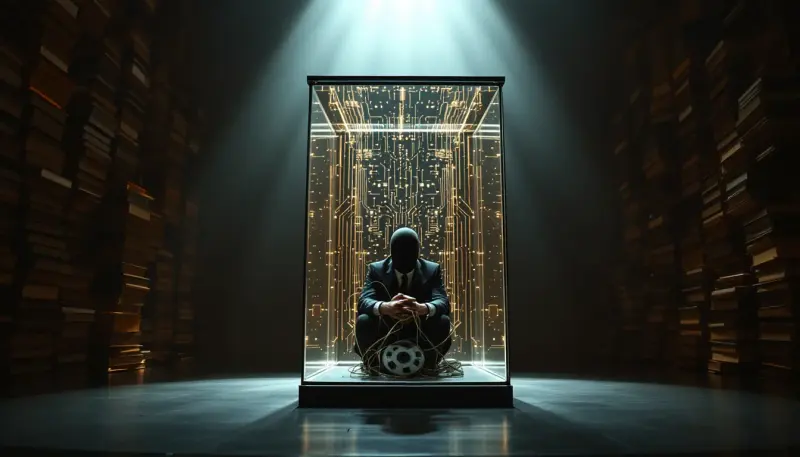 Faceless suited figure confesses AI music origins inside a dramatic spotlight confession booth.