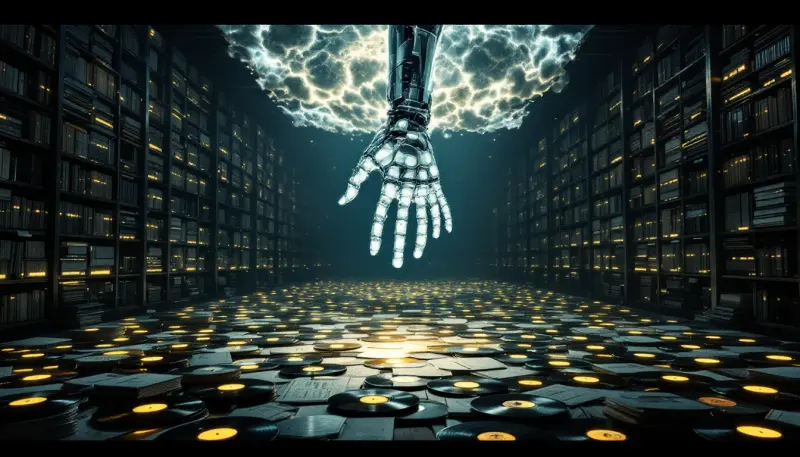 A giant mechanical hand harvesting glowing vinyl records from a vast archive room