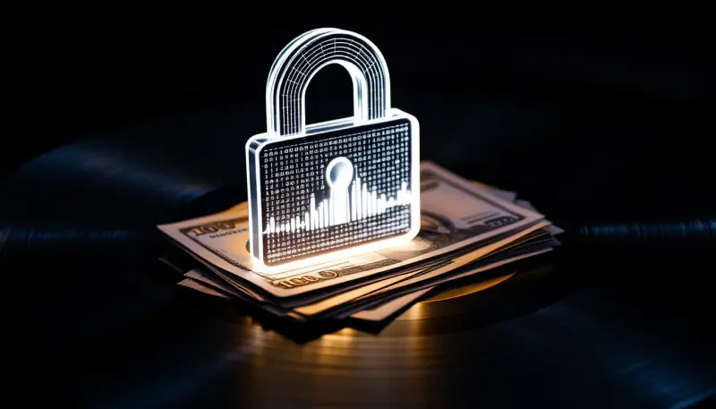 A glowing digital badge casting a dark shadow over fading currency and vinyl records