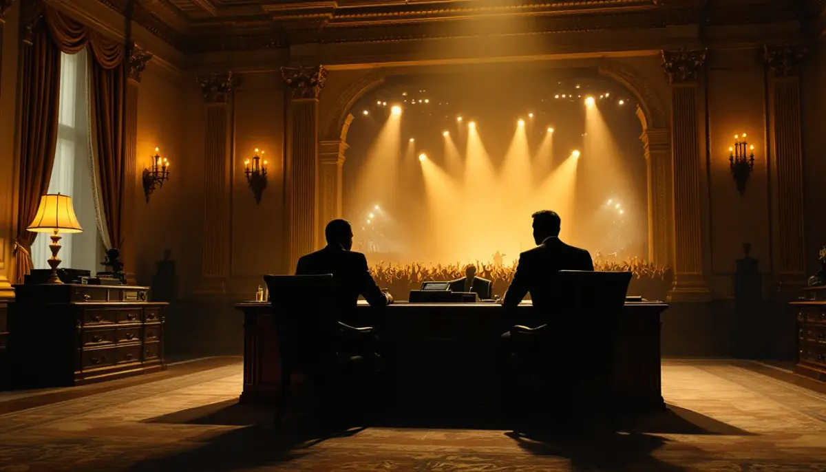 Trump and Live Nation CEO meeting in the Oval Office, with officials seated across from each other at a formal desk.