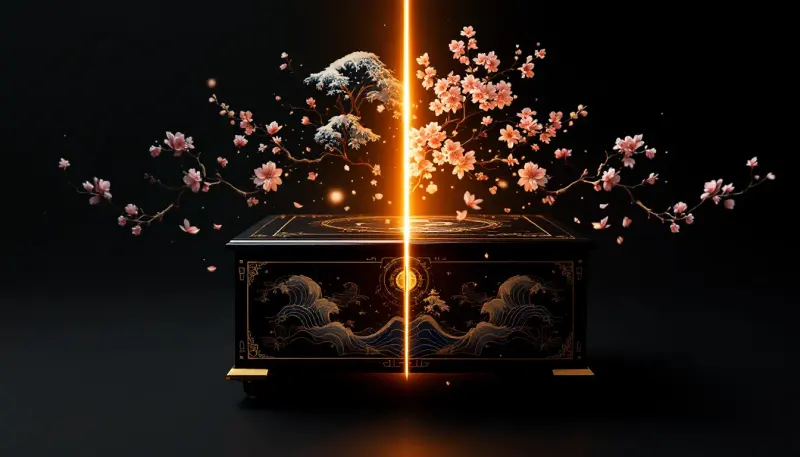 A lacquered Japanese music box split into Eastern and Western financial worlds