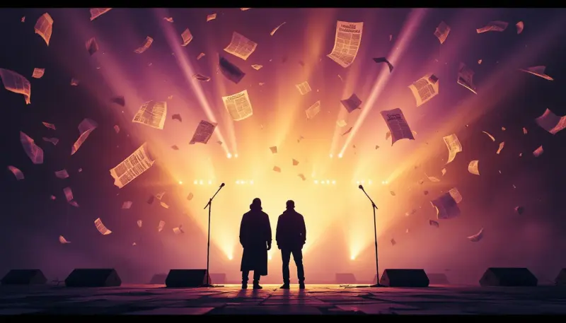 Two performers on a festival stage surrounded by swirling, fragmenting newspaper pages at dusk